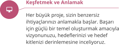 Keşfetmek ve Anlamak  Her büyük proje, sizin benzersiz ihtiyaçlarınızı anlamakla başlar. Başarı için güçlü bir temel oluşturmak amacıyla vizyonunuzu, hedeflerinizi ve hedef kitlenizi derinlemesine inceliyoruz.